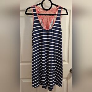 Modern Luxury byCarole Hochman navy/white striped pink crochet back dress size L